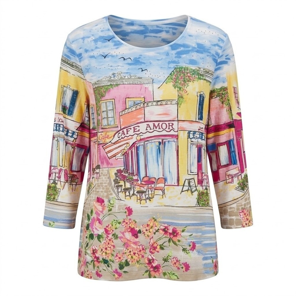 NEW Allison Daley PETITE SMALL PS Blue Cafe Amor Scenic 3/4 Sleeve Knit Top